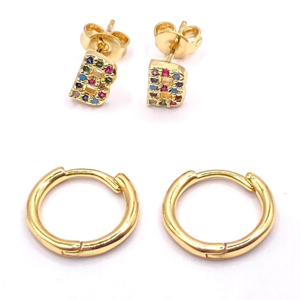 Gold Hoop Stud Earring Colorful Initial B Stud and Hoop Earring